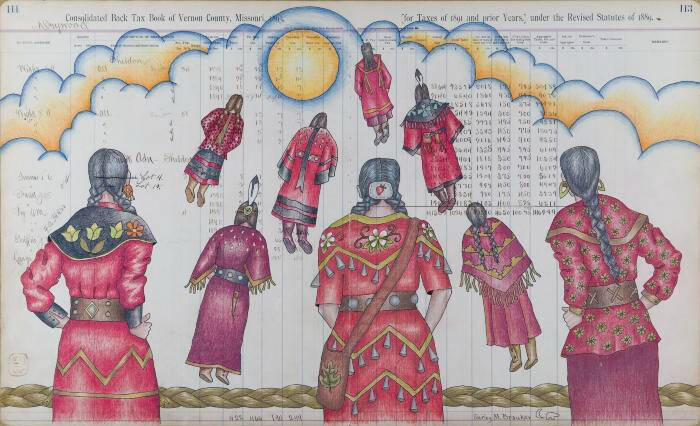 Image of Indigenous women in red dresses being pulled upwards to the sky.